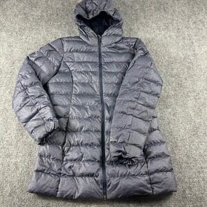 Eddie Bauer Puffer Jacket Womens Medium Blue Down‎ Hooded Quilted Full Zip Coat